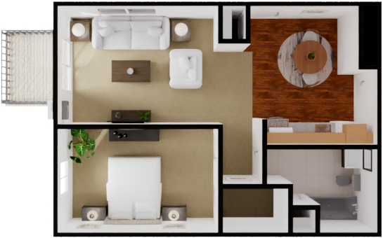 Floor plan for 1 bed, 1 bath, 600 sqft